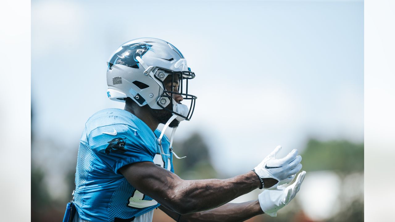 Carolina Panthers cornerback Kalon Barnes (35) signals to