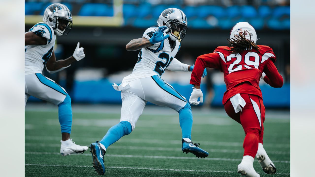 Arizona Cardinals wide receiver Marquise Brown catches a pass ahead of  Carolina Carolina Panthers cornerback Keith Taylor Jr. during the first  half of an NFL football game on Sunday, Oct. 2, 2022