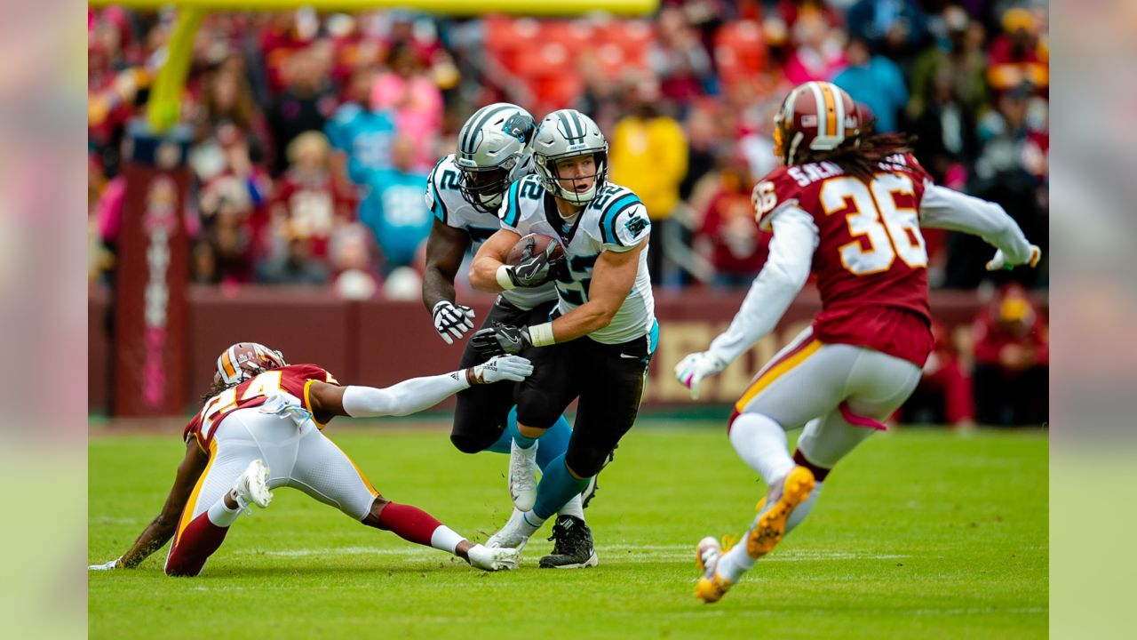 Carolina Panthers quarterback Cam Newton (1) runs onto the field following  a time-out in the second quarter against the Washington Redskins at FedEx  Field in Landover, Maryland on October, 2018. The Redskins