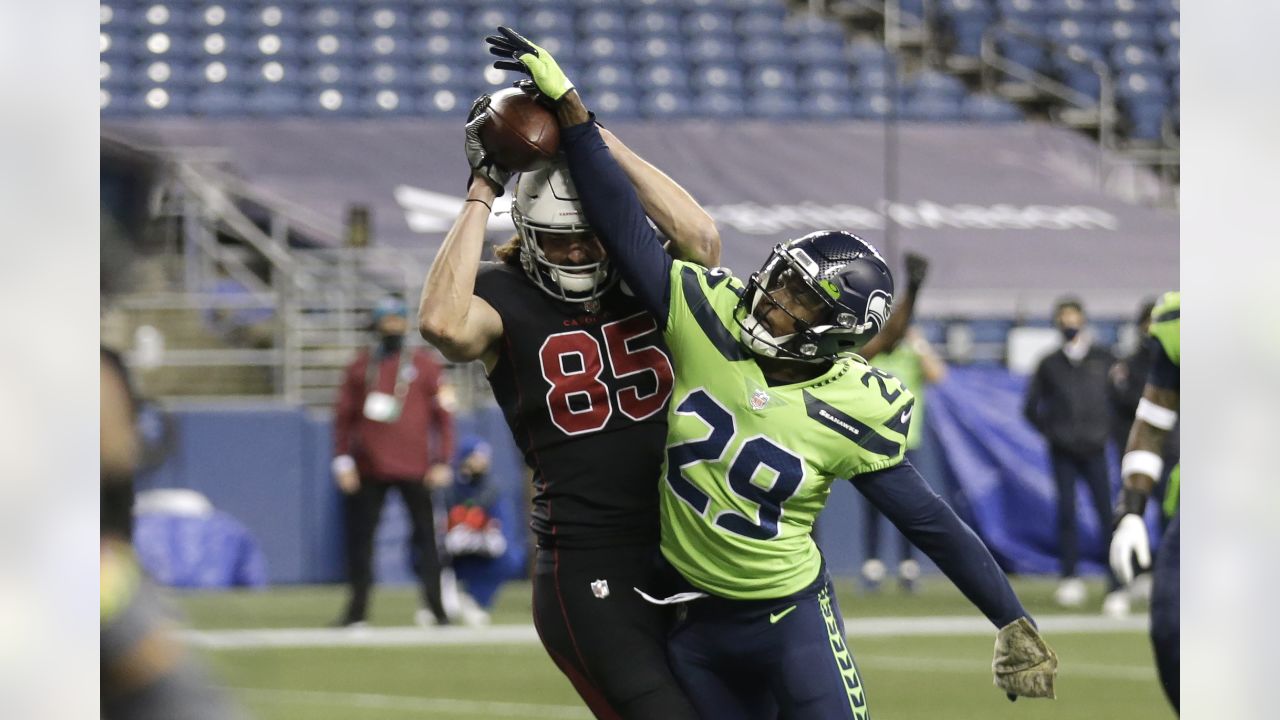Arizona Cardinals tight end Dan Arnold (85) makes a catch for a touchdown under the defense of Seattle Seahawks defensive back Jayson Stanley (29) during second first half of an NFL football game, Thursday, Nov. 19, 2020, in Seattle. (AP Photo/Lindsey Wasson)