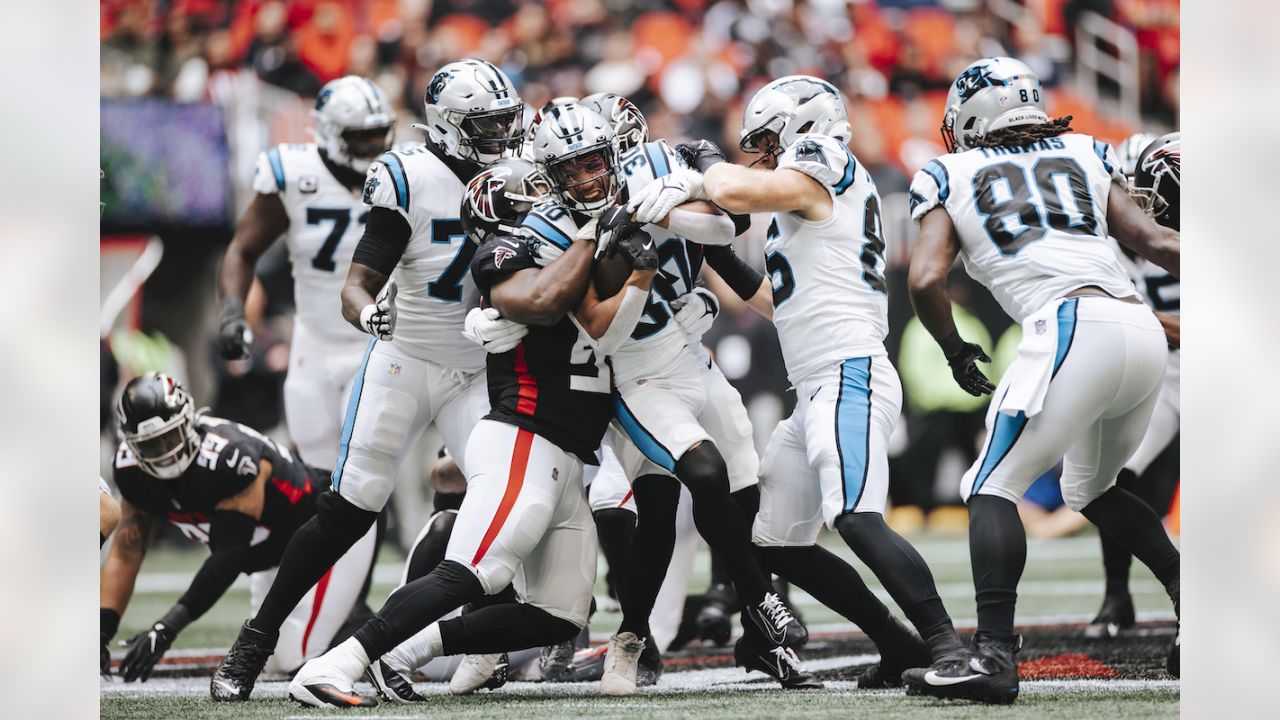 Carolina Panthers cornerback Stephon Gilmore (9) intercepts a pass intended  for Atlanta Falcons tight end Kyle Pitts (8) during the second half of an  NFL football game, Sunday, Oct. 31, 2021, in