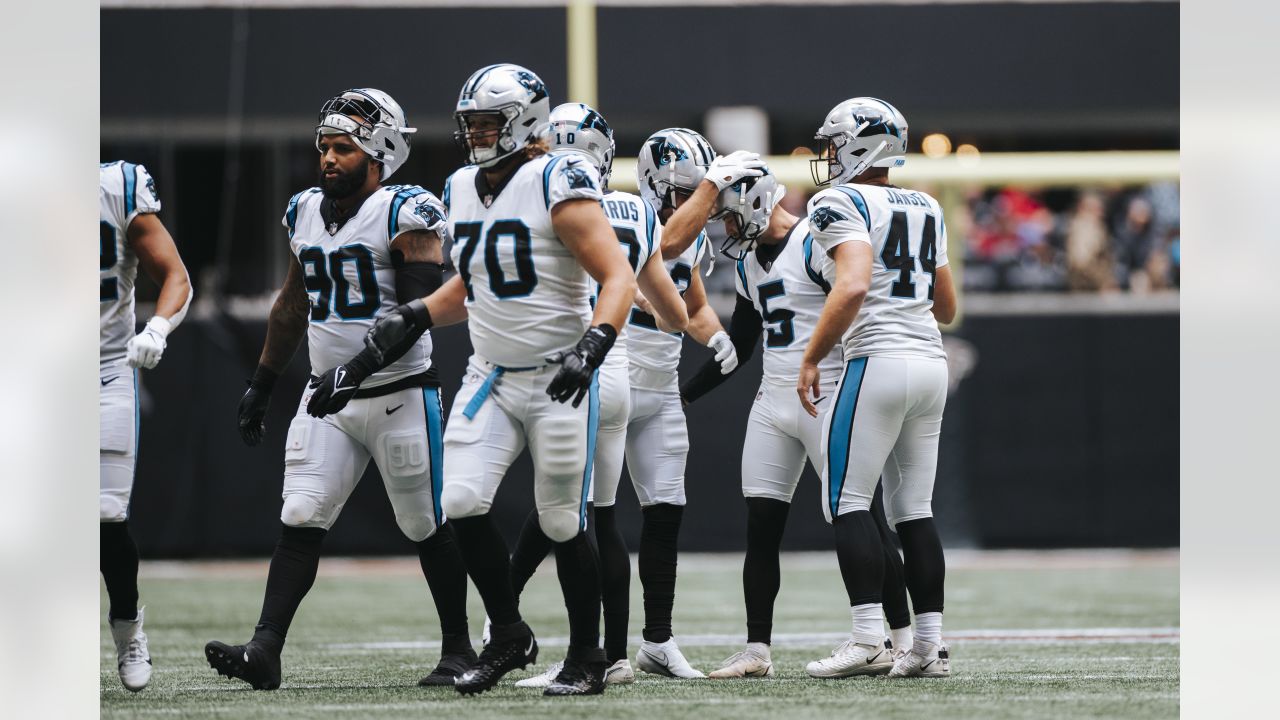 Carolina Panthers cornerback Stephon Gilmore (9) intercepts a pass intended  for Atlanta Falcons tight end Kyle Pitts (8) during the second half of an  NFL football game, Sunday, Oct. 31, 2021, in