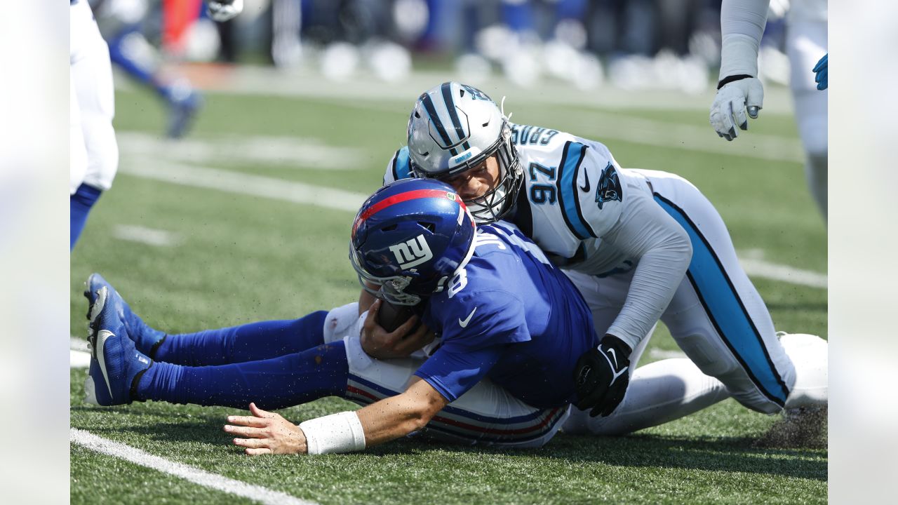 Carolina Panthers defensive tackle Bravvion Roy (93) reacts during the  first half of an NFL football