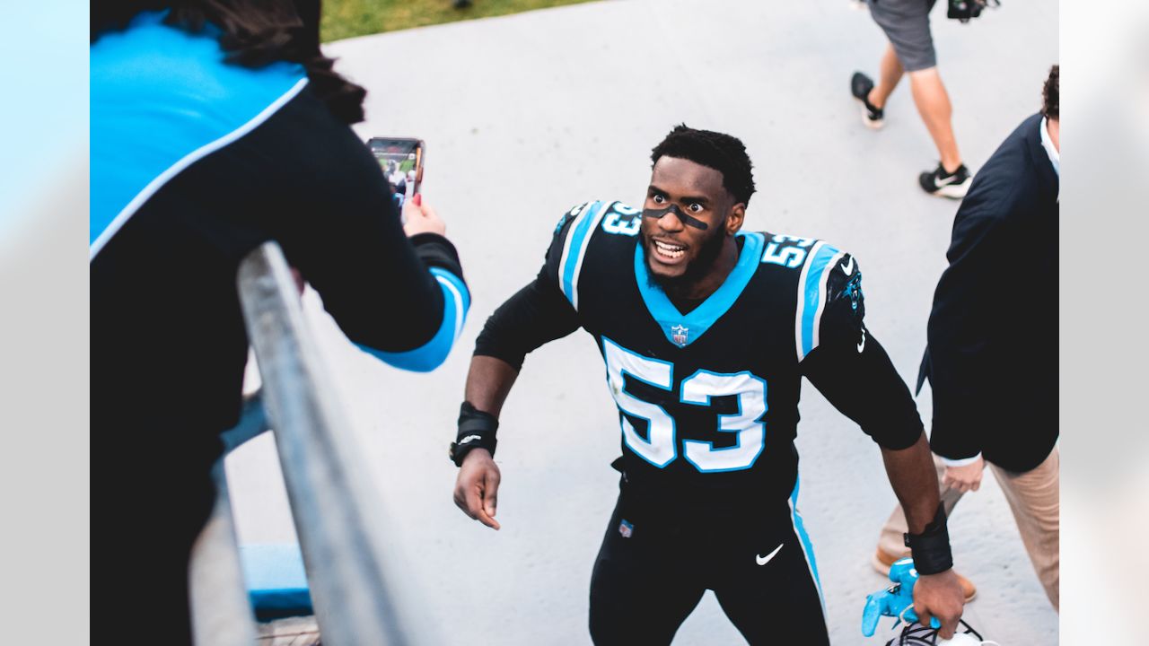 Carolina Panthers defensive end Brian Burns (53) lines up on defense during  an NFL football game against the New Orleans Saints, Sunday, Sep. 25, 2022,  in Charlotte, N.C. (AP Photo/Brian Westerholt Stock