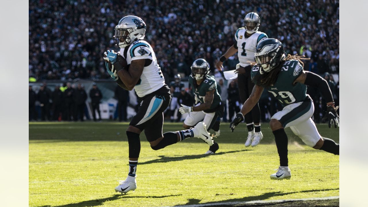 Carolina Panthers cornerback Donte Jackson celebrates after an interception  against the Philadelphia Eagles during the second half of an NFL football  game Sunday, Oct. 10, 2021, in Charlotte, N.C. (AP Photo/Jacob Kupferman