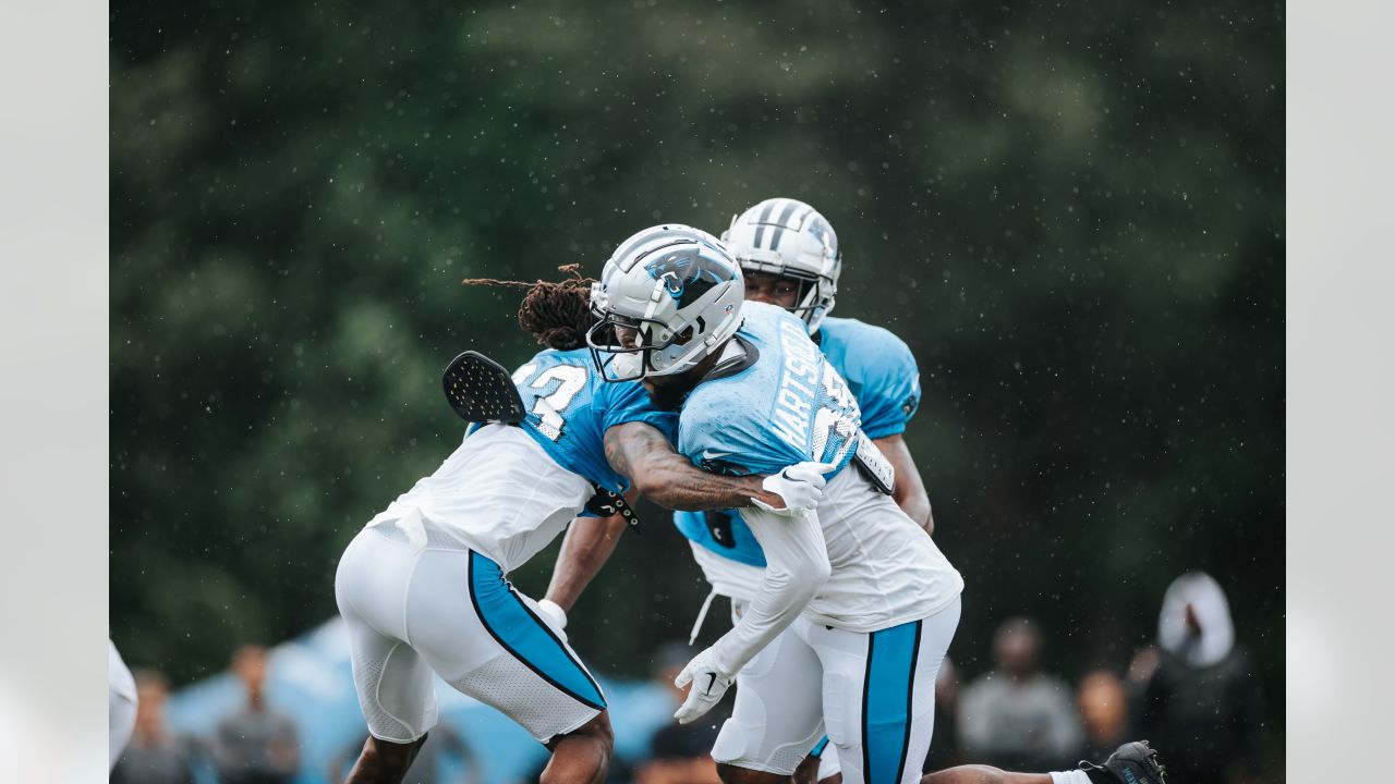 Carolina Panthers offensive tackle Ikem Ekwonu walks onto the field at the  NFL football team's training camp on Saturday, July 29, 2023, in  Spartanburg, S.C. (AP Photo/Jacob Kupferman Stock Photo - Alamy