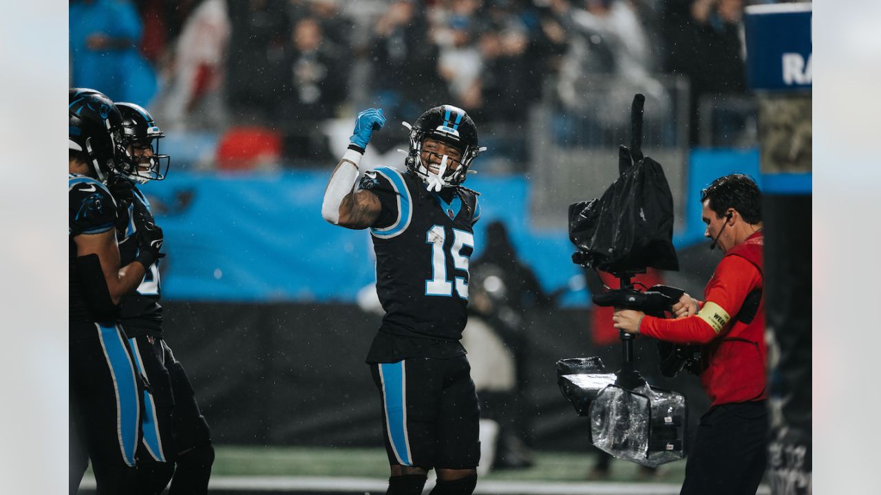 Carolina Panthers wide receiver Laviska Shenault Jr. runs for a touchdown  against the Atlanta Falcons during the first half of an NFL football game  on Thursday, Nov. 10, 2022, in Charlotte, N.C. (