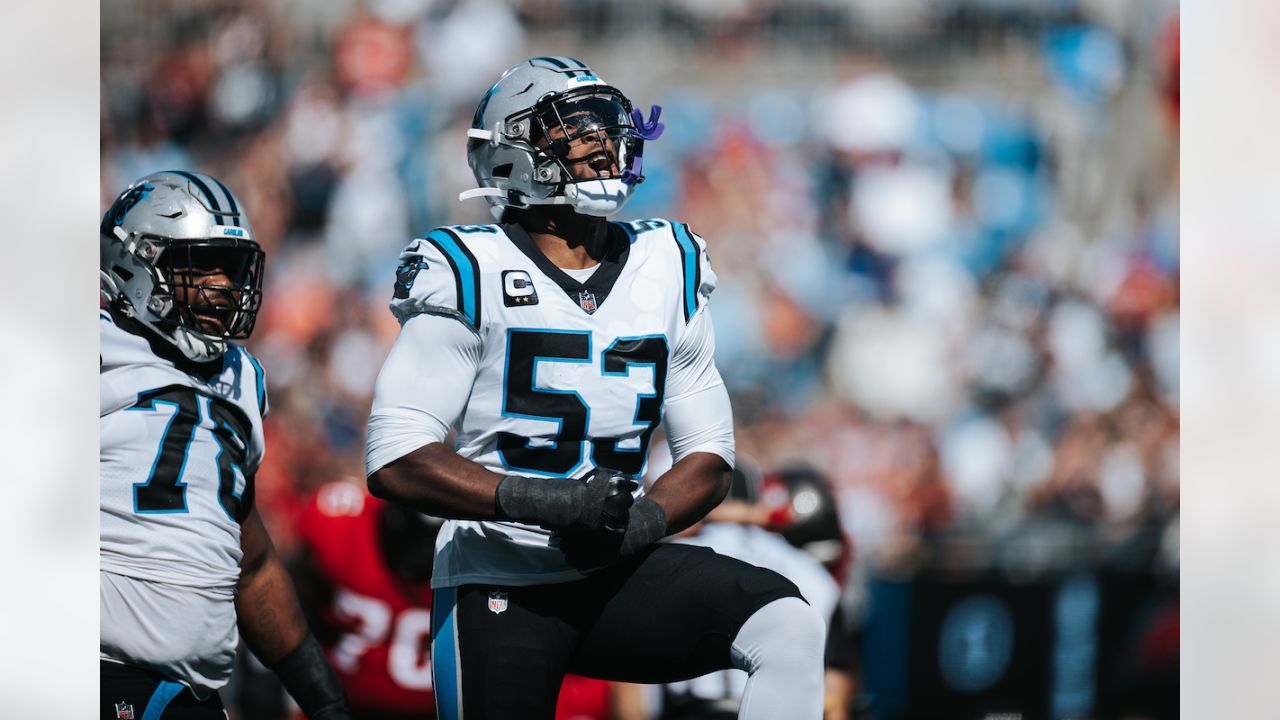 FILE – Carolina Panthers defensive end Brian Burns (53) wears a