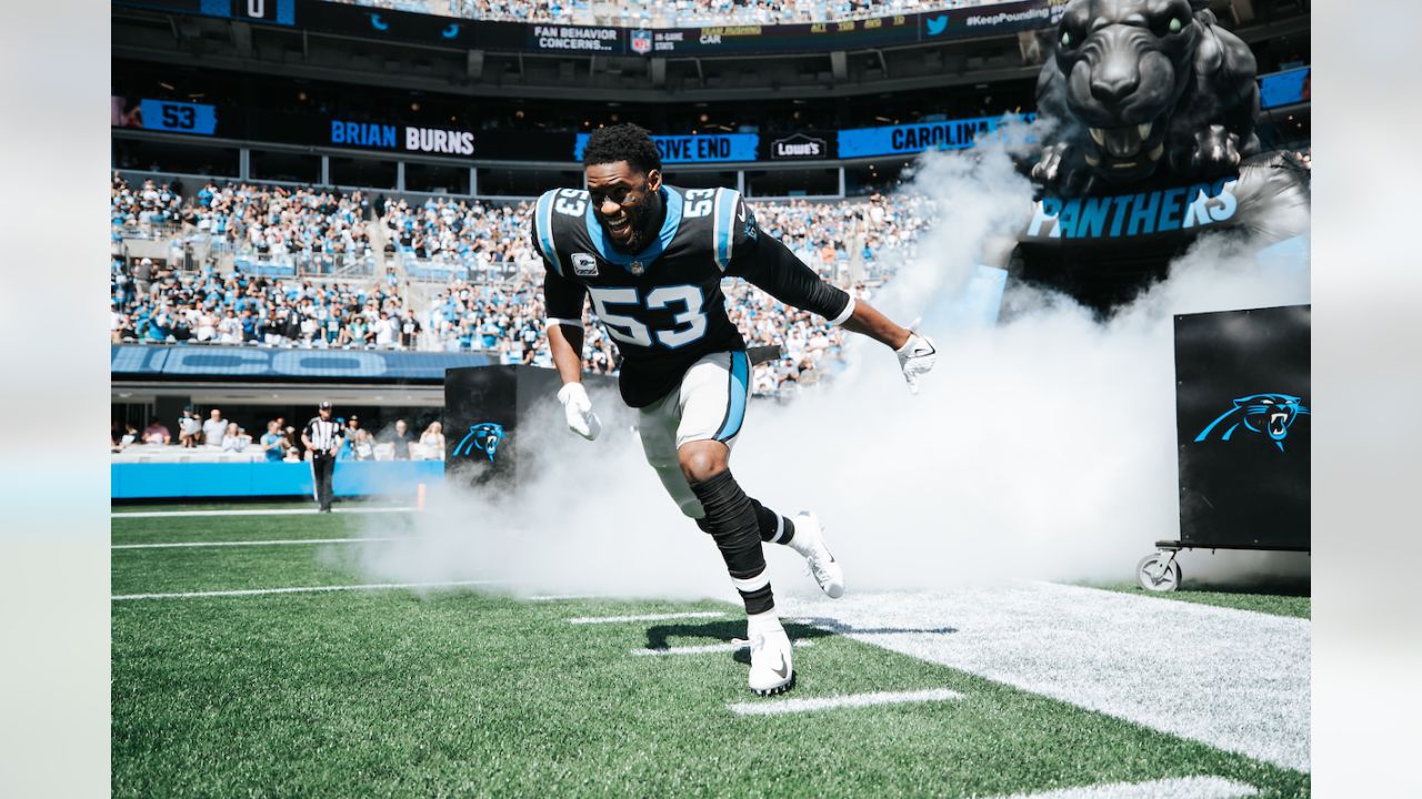 Carolina Panthers defensive end Brian Burns (53) lines up on defense during  an NFL football game against the New Orleans Saints, Sunday, Sep. 25, 2022,  in Charlotte, N.C. (AP Photo/Brian Westerholt Stock