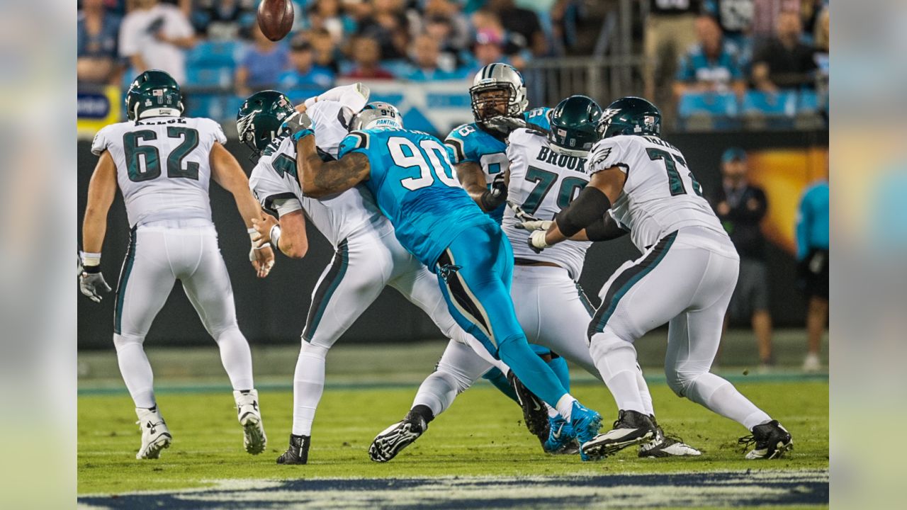 Carolina Panther Julius Peppers (90) sacks Philadelphia Eagle quarterback Carson Wentz at Bank of American Stadium on Thursday, October 12, 2017 in Charlotte, NC.