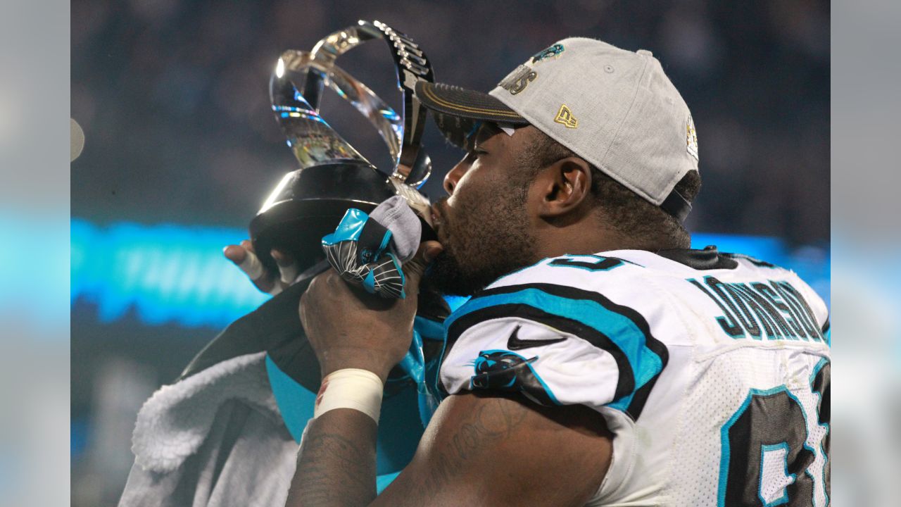 Carolina Panthers linebacker Thomas Davis lifts the NFC championship trophy  as he and defensive end Charles Johnson, left, celebrate after the Panthers  defeat the Arizona Cardinals 49-15 at Bank of America Stadium