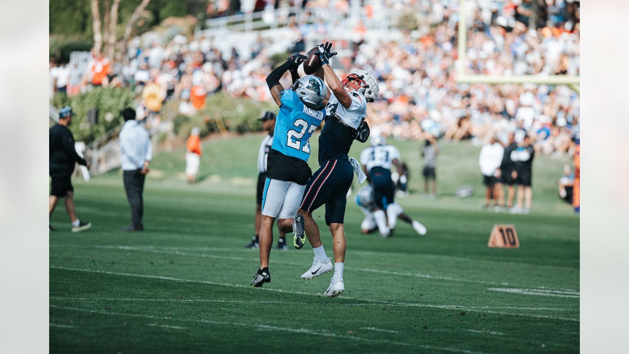 FOXBOROUGH, MA - AUGUST 16: Carolina Panthers wide receiver Robbie Anderson  (3) listens to a question during a joint practice between the New England  Patriots and the Carolina Panthers on August 16