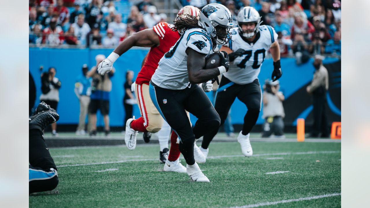 Carolina Panthers defensive tackle Derrick Brown (95) encourages the crowd  to get loud during an NFL football game against the Atlanta Falcons,  Thursday, Nov. 10 2022, in Charlotte, N.C. (AP Photo/Brian Westerholt