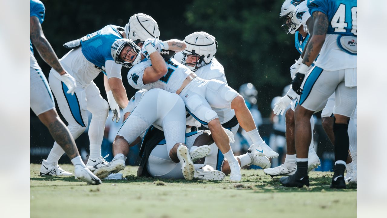 SPARTANBURG, SC - JULY 28: Carolina Panthers tackle Ikem Ekwonu (79) walks  to the practice field during the Carolina Panthers training camp at Wofford  College in Spartanburg, S.C. on July 28, 2022. (