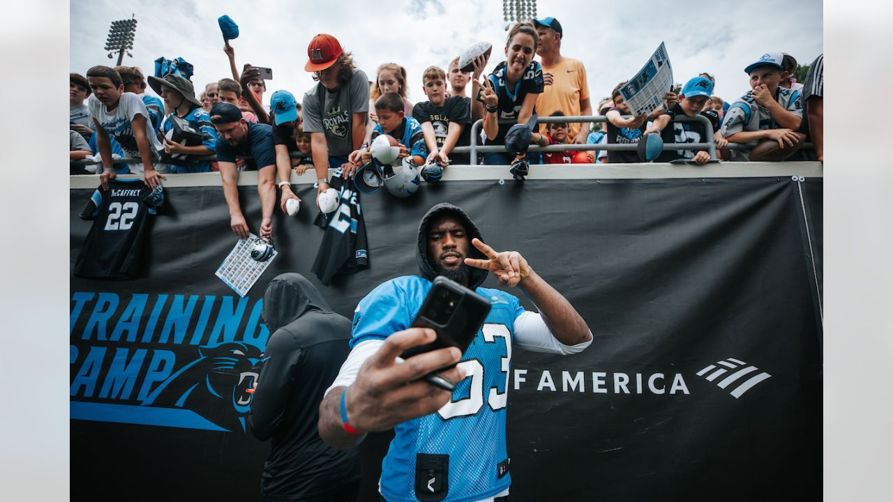 Carolina Panthers offensive tackle Ikem Ekwonu walks onto the field at the  NFL football team's training camp on Saturday, July 29, 2023, in  Spartanburg, S.C. (AP Photo/Jacob Kupferman Stock Photo - Alamy