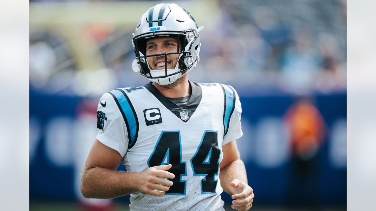 Carolina Panthers long snapper J.J. Jansen (44) runs onto the