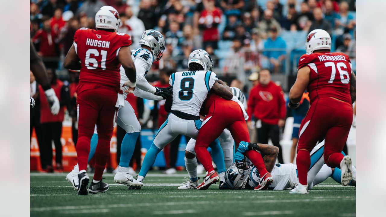 Arizona Cardinals wide receiver Marquise Brown catches a pass ahead of  Carolina Carolina Panthers cornerback Keith Taylor Jr. during the first  half of an NFL football game on Sunday, Oct. 2, 2022