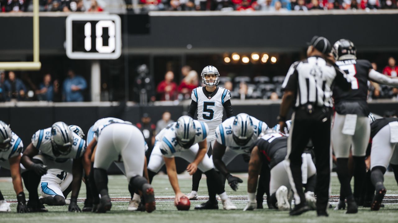 Carolina Panthers cornerback Stephon Gilmore (9) intercepts a pass intended  for Atlanta Falcons tight end Kyle Pitts (8) during the second half of an  NFL football game, Sunday, Oct. 31, 2021, in