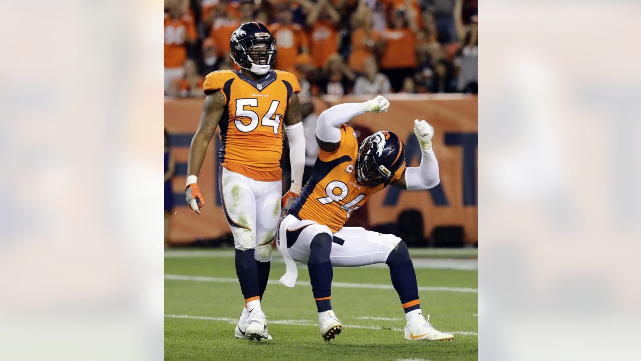 Denver Broncos Von Miller (58) celebrates a sack of Carolina Panthers  quarterback Cam Newton for 11 yard loss forcing a fumble that turned into a  Broncos touchdown in the first quarter of