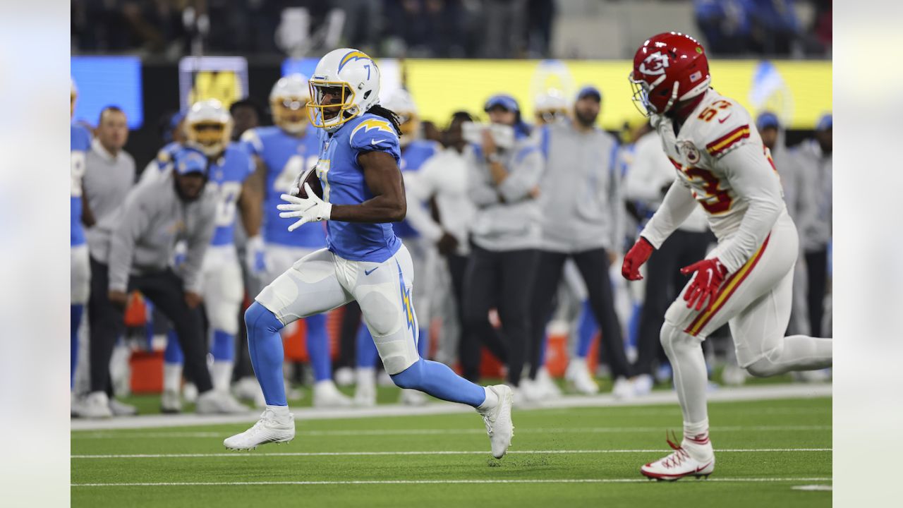 Los Angeles Chargers kick returner Andre Roberts returns the kickoff during  the first half of an NFL football game against the Kansas City Chiefs  Thursday, Dec. 16, 2021, in Inglewood, Calif. (AP