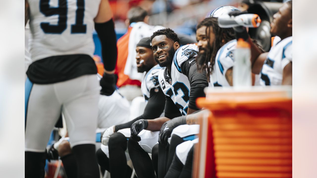 Carolina Panthers cornerback Stephon Gilmore (9) intercepts a pass intended  for Atlanta Falcons tight end Kyle Pitts (8) during the second half of an  NFL football game, Sunday, Oct. 31, 2021, in