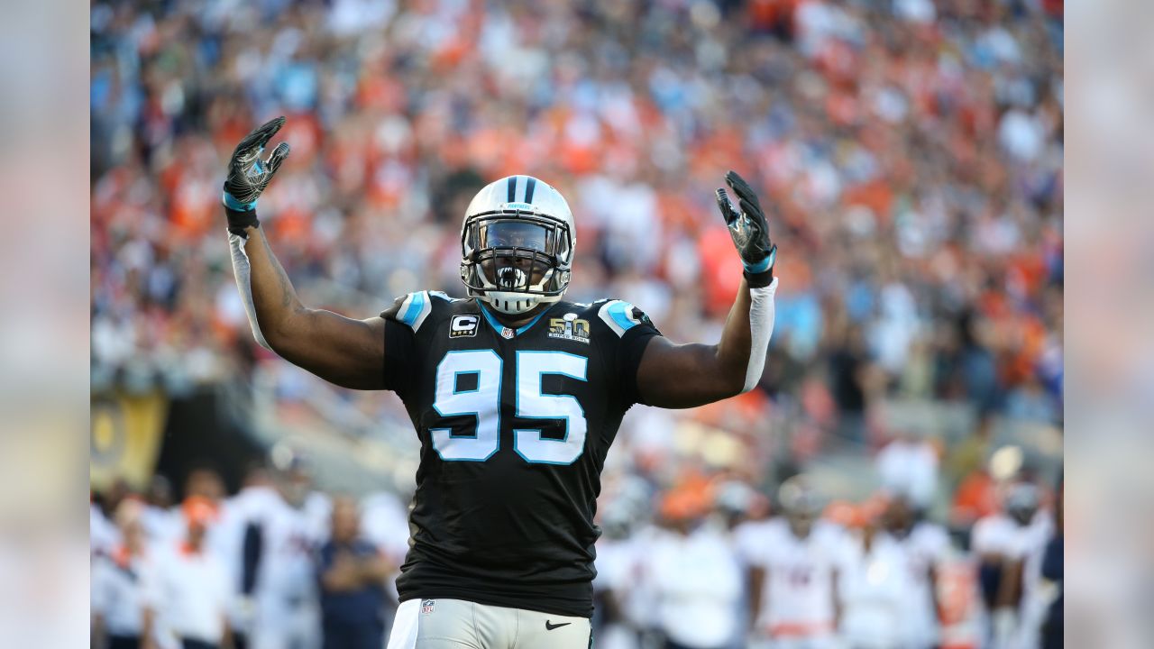 Carolina Panthers' Charles Johnson (95) glances over toward