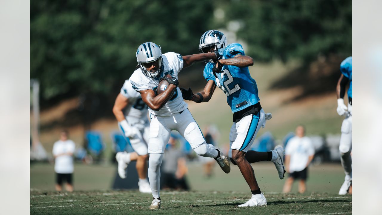 Carolina Panthers offensive tackle Ikem Ekwonu walks onto the field at the  NFL football team's training camp on Saturday, July 29, 2023, in  Spartanburg, S.C. (AP Photo/Jacob Kupferman Stock Photo - Alamy