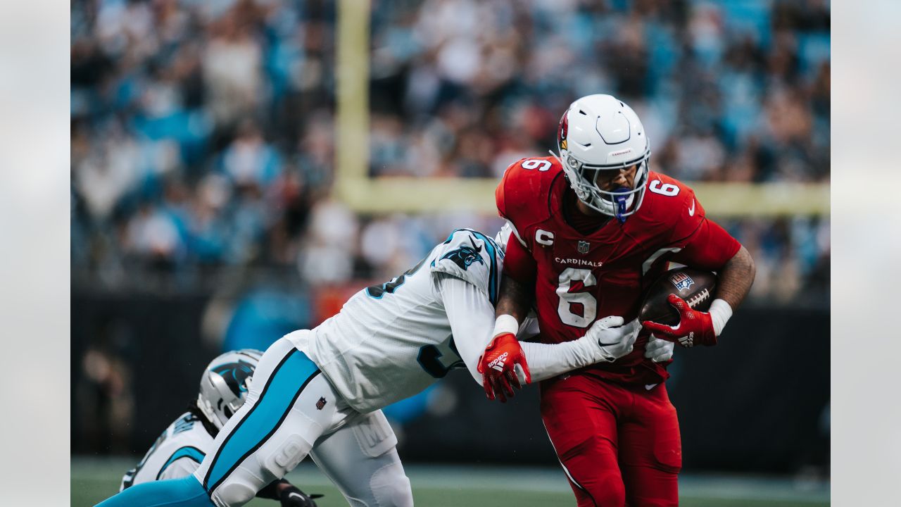 Arizona Cardinals wide receiver Marquise Brown catches a pass ahead of  Carolina Carolina Panthers cornerback Keith Taylor Jr. during the first  half of an NFL football game on Sunday, Oct. 2, 2022