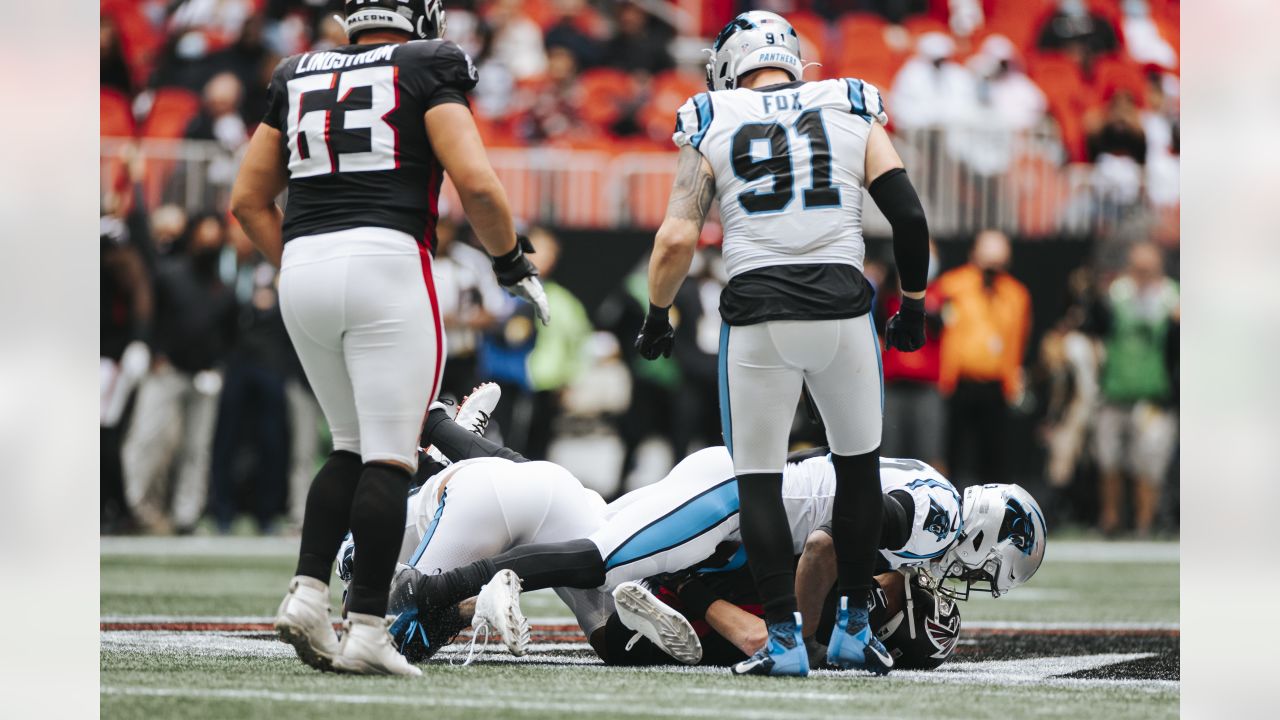 Carolina Panthers cornerback Stephon Gilmore (9) intercepts a pass intended  for Atlanta Falcons tight end Kyle Pitts (8) during the second half of an  NFL football game, Sunday, Oct. 31, 2021, in