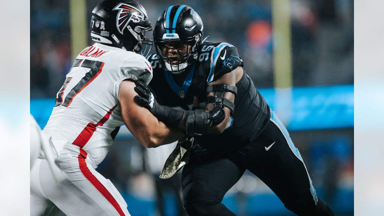 Carolina Panthers defensive tackle Derrick Brown (95) celebrates during the  first half of an NFL football game against the Atlanta Falcons, Sunday,  Sep. 10, 2023, in Atlanta. The Atlanta Falcons won 24-10. (