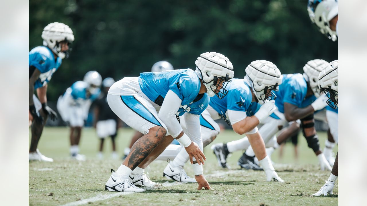 Carolina Panthers offensive tackle Ikem Ekwonu walks onto the field at the  NFL football team's training camp on Saturday, July 29, 2023, in  Spartanburg, S.C. (AP Photo/Jacob Kupferman Stock Photo - Alamy