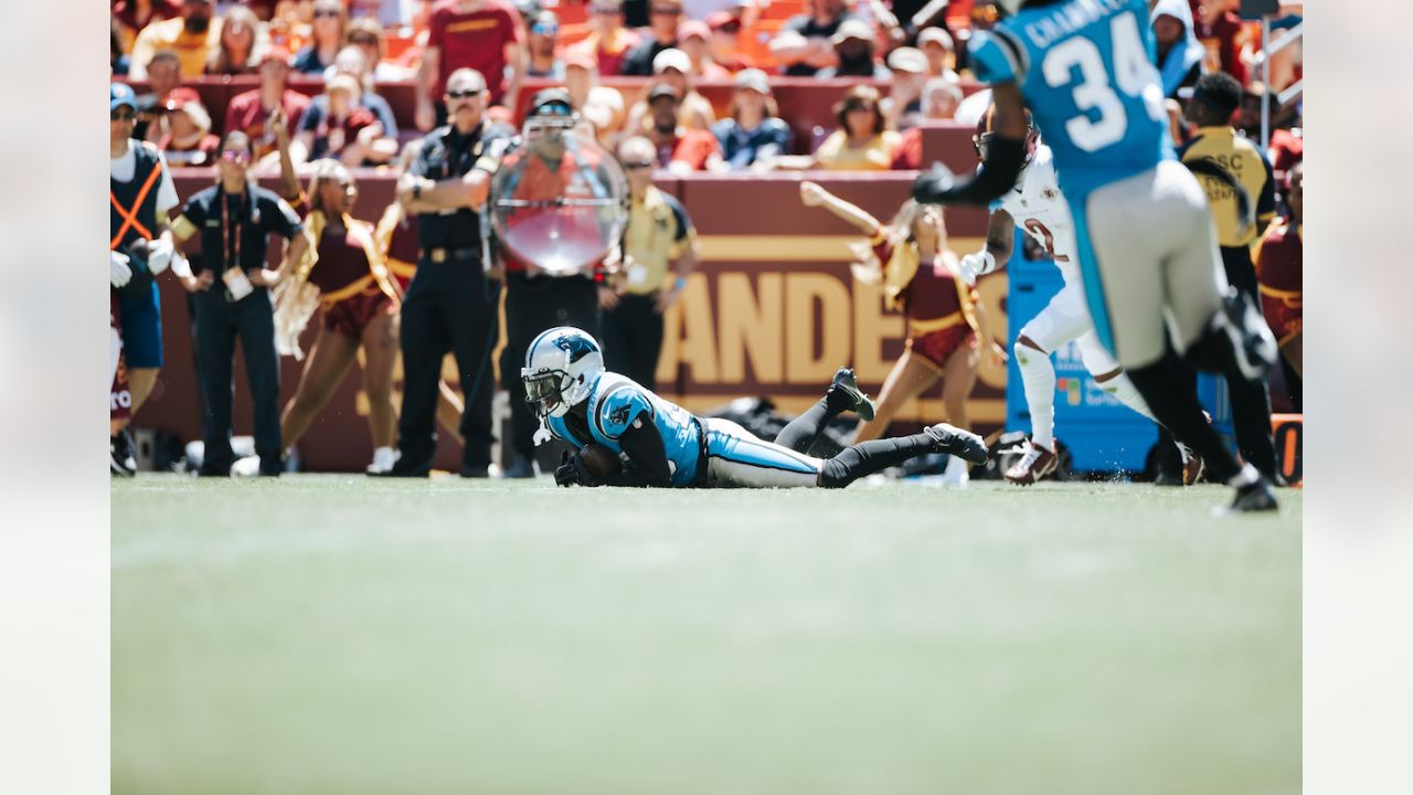 Carolina Panthers quarterback Sam Darnold locates tight end Giovanni Ricci  down the middle for a 32-yard gain