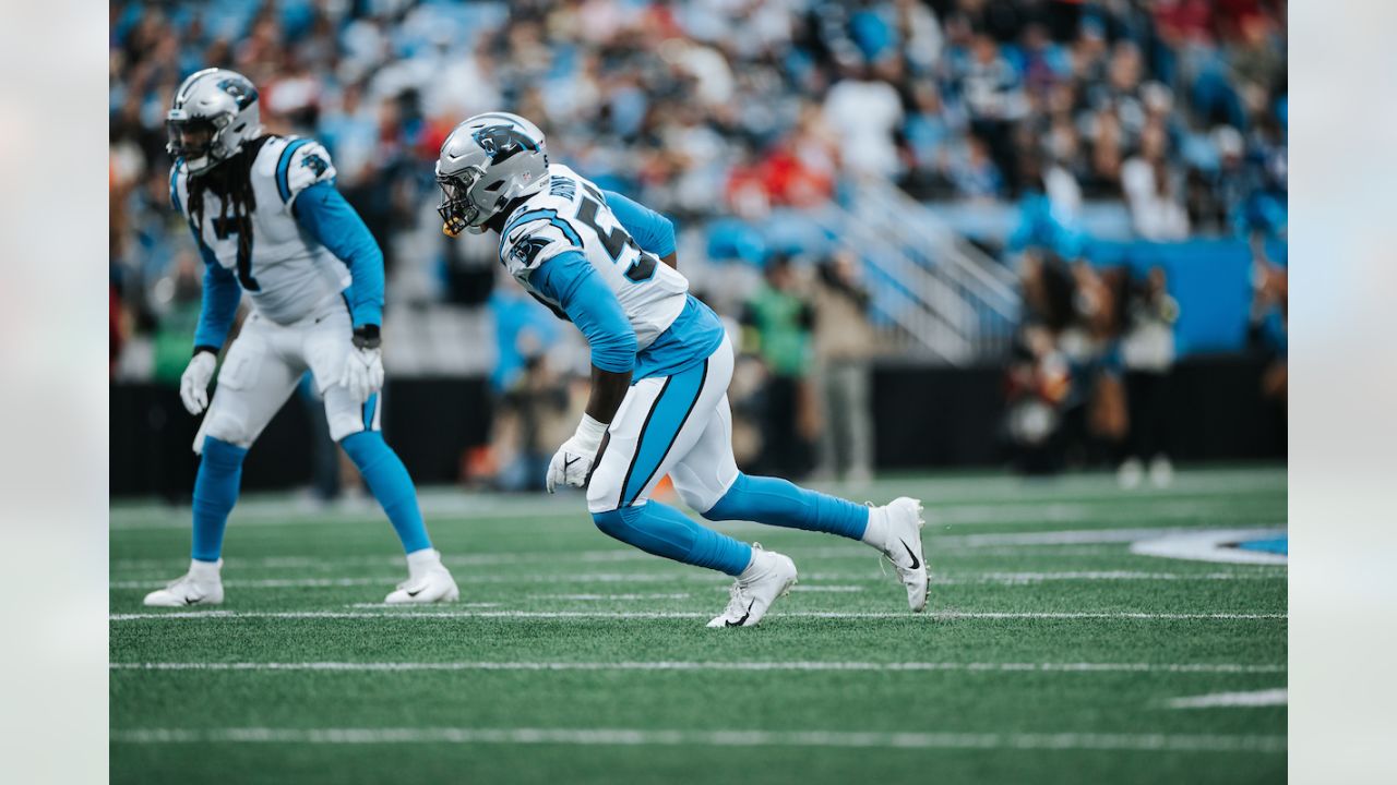 Carolina Panthers linebacker Damien Wilson watches during the first have of  an NFL preseason football game against the Buffalo Bills on Friday, Aug.  26, 2022, in Charlotte, N.C. (AP Photo/Jacob Kupferman Stock