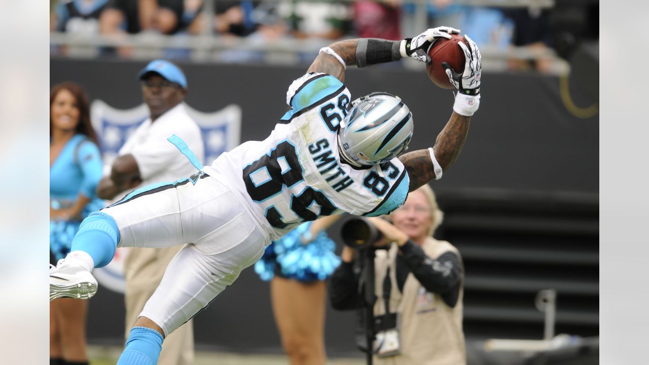 Carolina Panthers wide receiver Steve Smith (89) is shown before the start  of an NFL football game against the New England Patriots in Charlotte, NC,  Monday, Nov. 18, 2013. (AP Photo/Mike McCarn