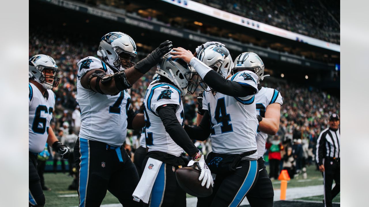 CHARLOTTE, NC - SEPTEMBER 25: Daviyon Nixon (54) of the Carolina Panthers  smiles as he brings the