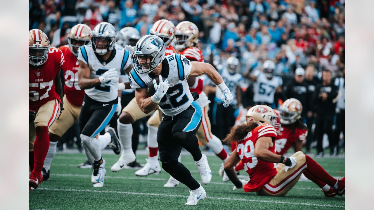 New Orleans, USA. 08th Jan, 2023. Carolina Panthers linebacker Frankie Luvu  (49) tackles New Orleans Saints running back Eno Benjamin (31) during a  National Football League contest at Caesars Superdome in New