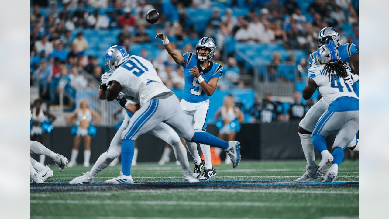 Carolina Panthers quarterback Andy Dalton (14) drops back to pass during an NFL  preseason football game against the Detroit Lions, Friday, Aug. 25, 2023,  in Charlotte, N.C. (AP Photo/Brian Westerholt Stock Photo - Alamy