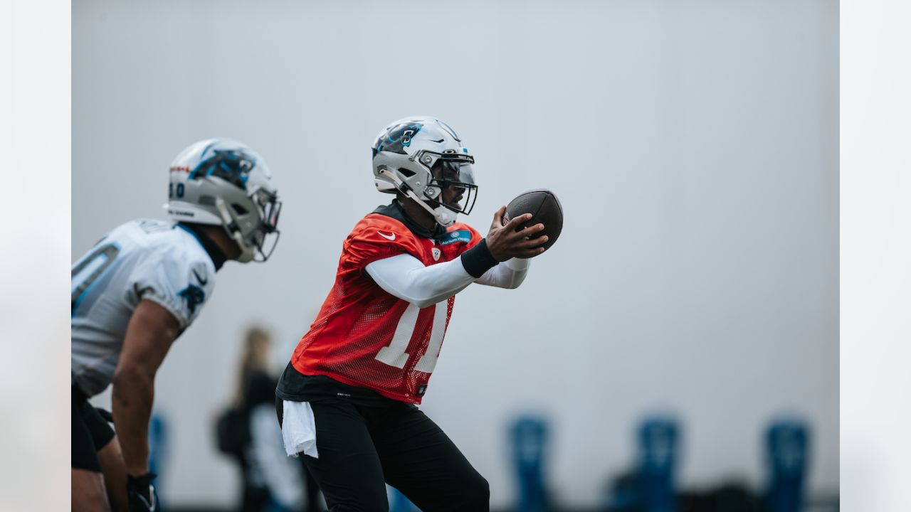 Carolina Panthers quarterback Jacob Eason (16) warms up prior to the start  of an NFL football game against the Tampa Bay Buccaneers Sunday, Oct. 23,  2022, in Charlotte, N.C. (AP Photo/Jacob Kupferman