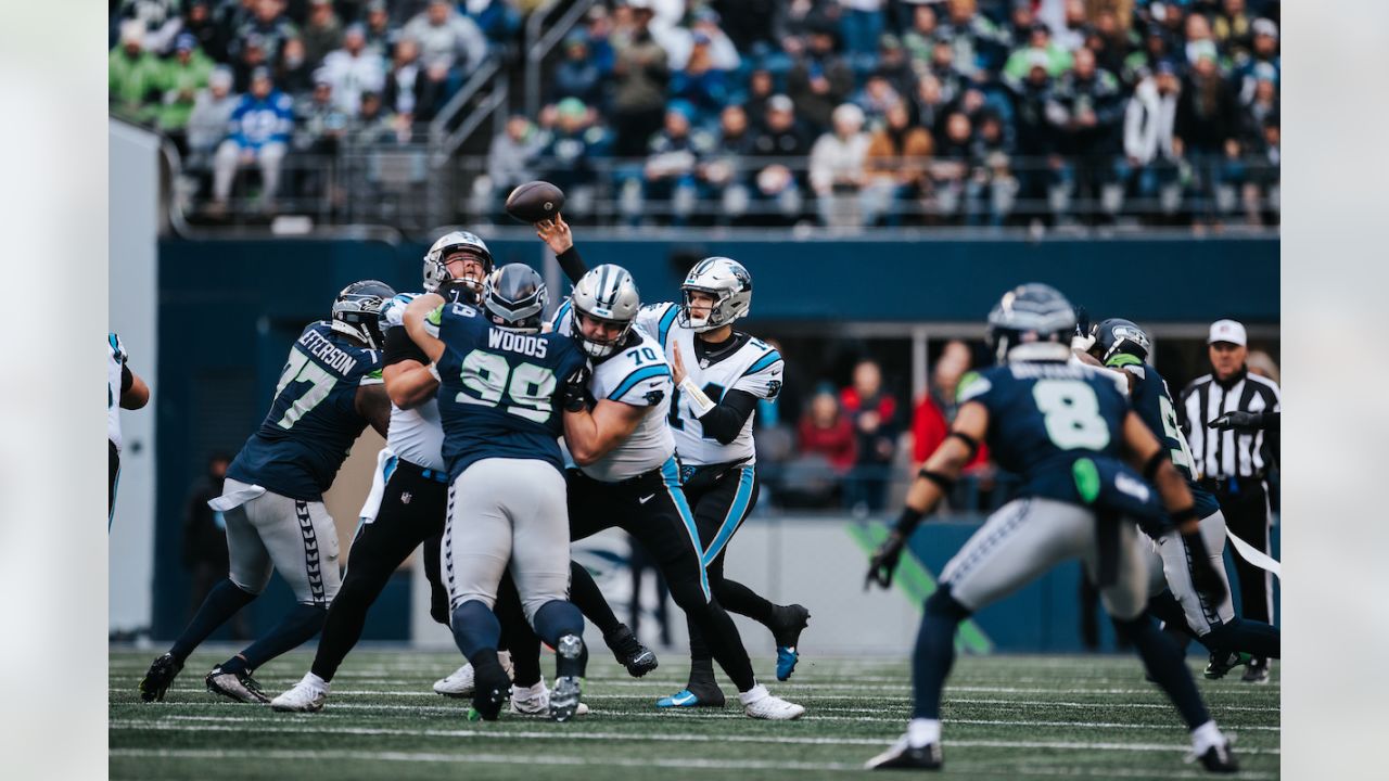 CHARLOTTE, NC - NOVEMBER 27: Carolina Panthers defensive tackle Daviyon  Nixon (54) during an NFL football game between the Denver Broncos and the Carolina  Panthers on November 27, 2022, at Bank of