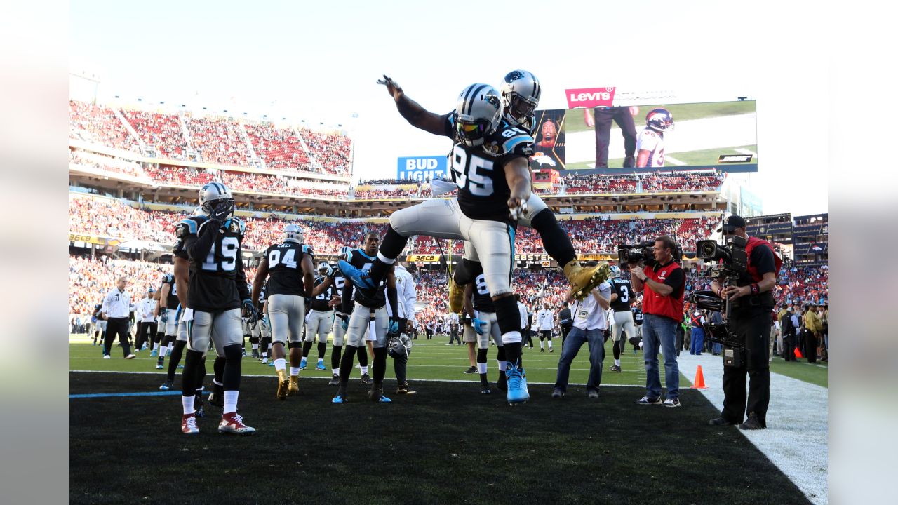 Carolina Panthers defensive end Charles Johnson (95) freacts to a