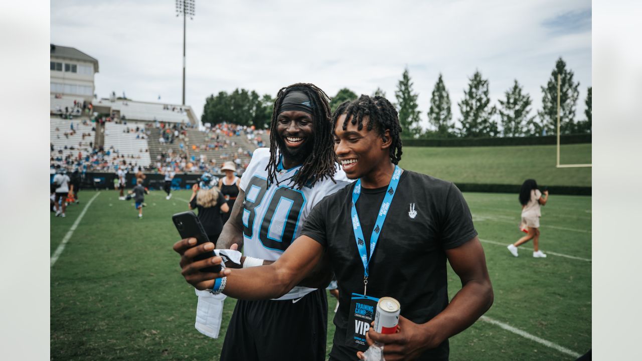 Carolina Panthers offensive tackle Ikem Ekwonu walks onto the field at the  NFL football team's training camp on Saturday, July 29, 2023, in  Spartanburg, S.C. (AP Photo/Jacob Kupferman Stock Photo - Alamy