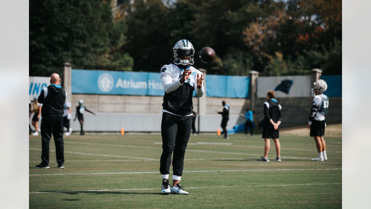 Carolina Panthers quarterback Jacob Eason (16) warms up prior to the start  of an NFL football game against the Tampa Bay Buccaneers Sunday, Oct. 23,  2022, in Charlotte, N.C. (AP Photo/Jacob Kupferman