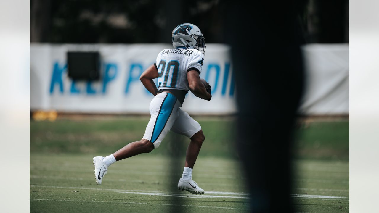 Buffalo Bills running back Raheem Blackshear (35) is tackled by Carolina  Panthers defensive end Austin Larkin (