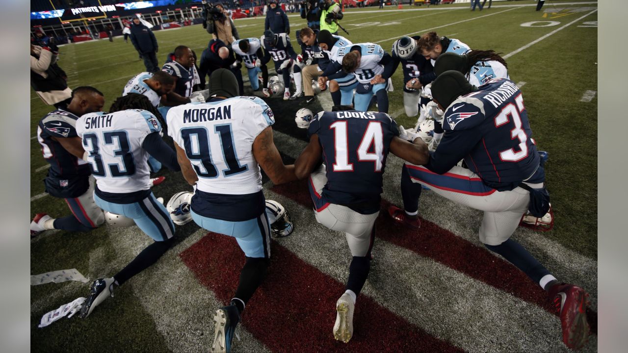 Tennessee Titans running back Derrick Henry speaks to the media following  an NFL wild-card playoff football game against the New England Patriots,  Saturday, Jan. 4, 2020, in Foxborough, Mass. (AP Photo/Steven Senne