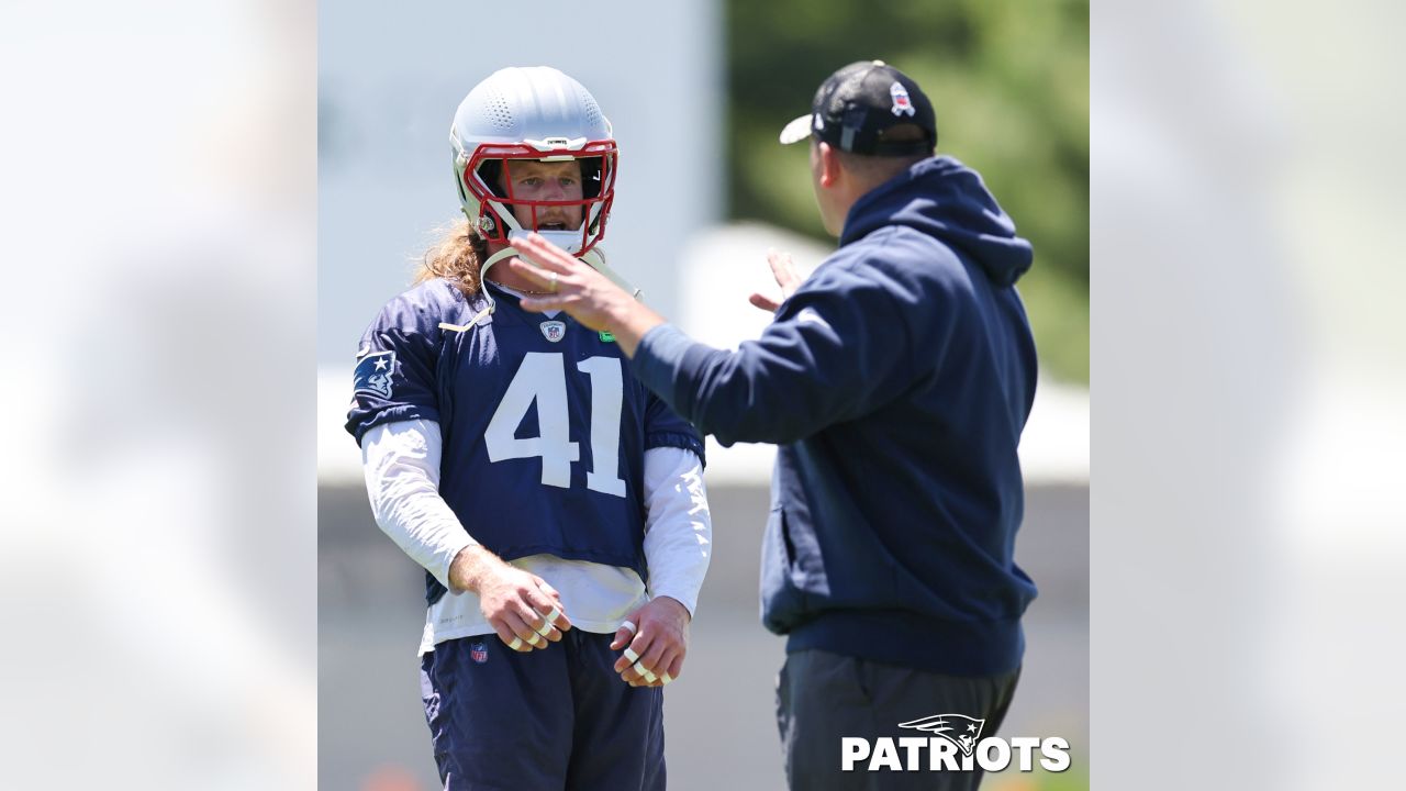 New England Patriots safety Brenden Schooler (41) looks to the