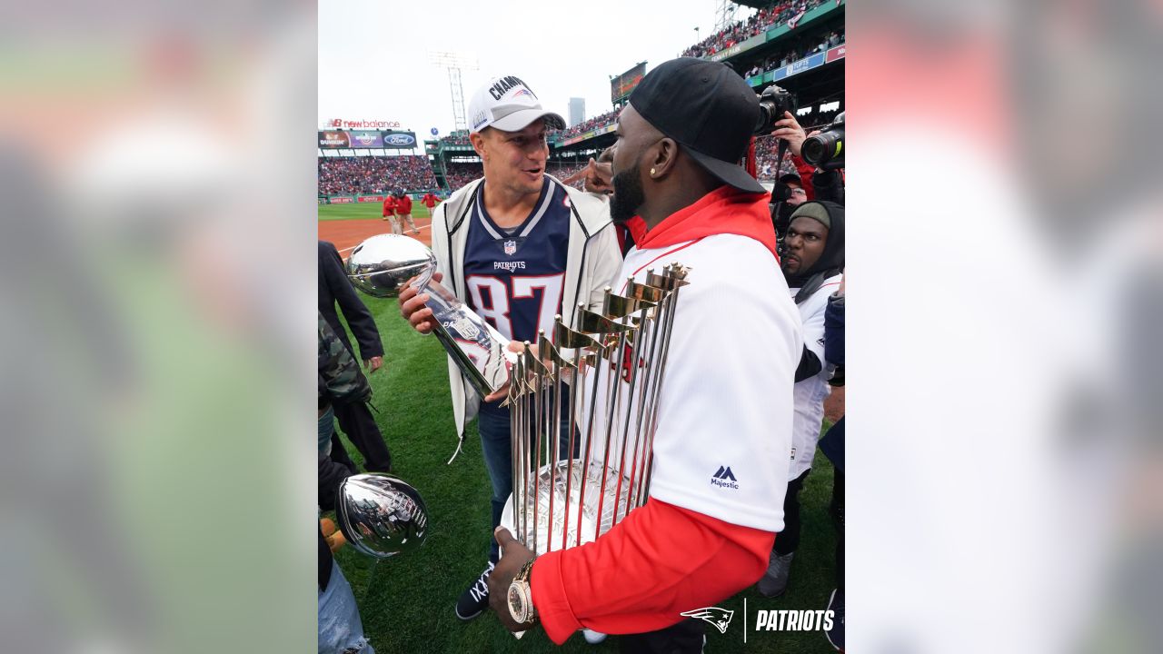 The Patriots showed off five Super Bowl trophies at Red Sox' Opening Day