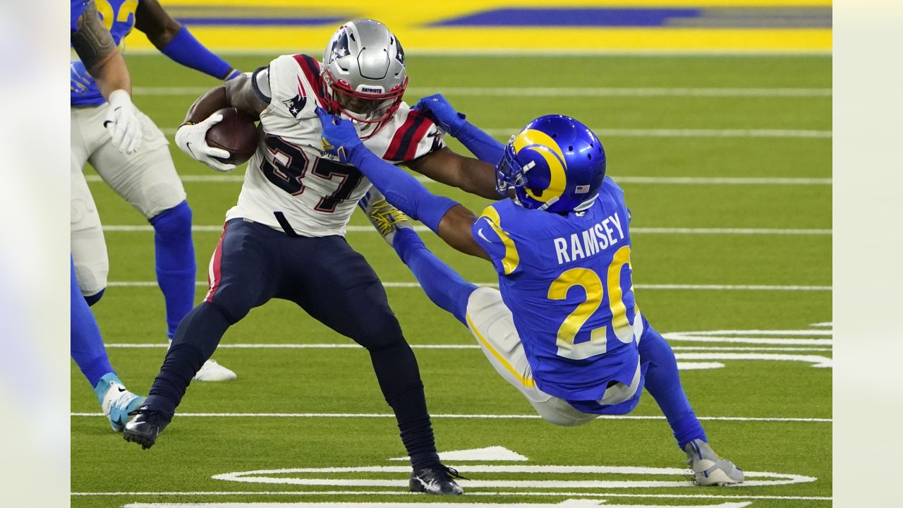 Football Helmets of the New England Patriots and Los Angeles Rams