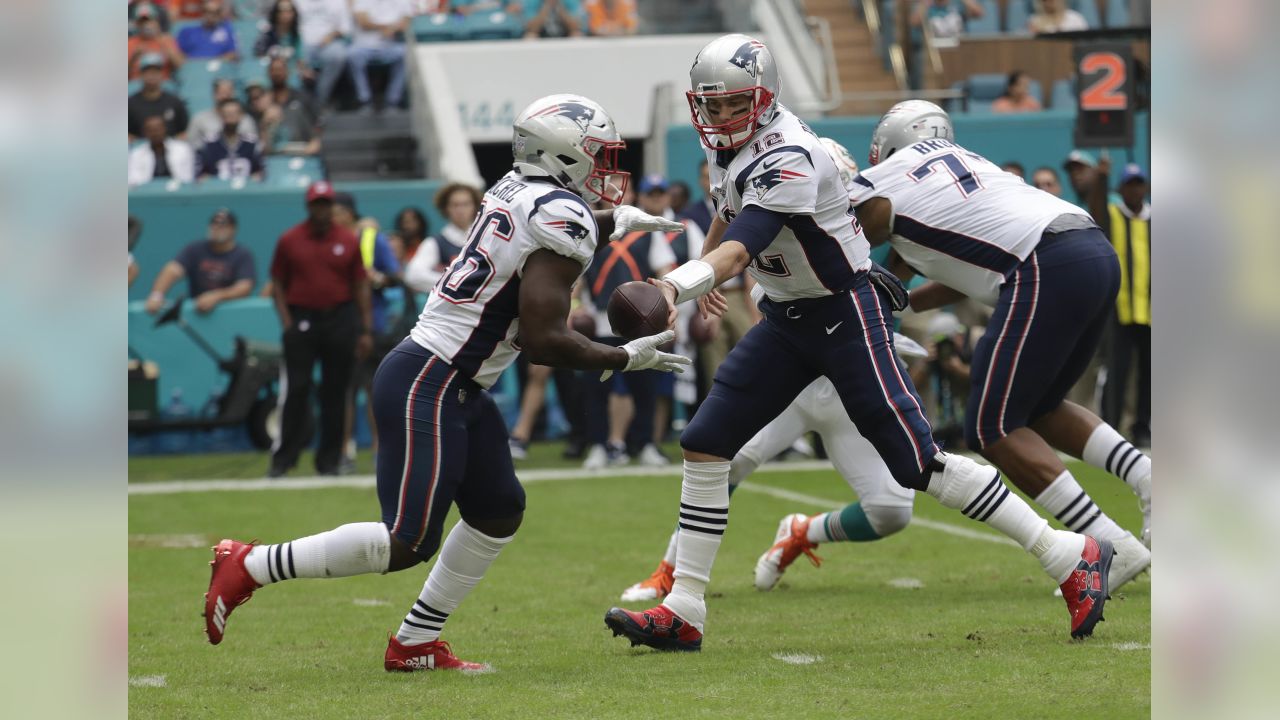 Miami Dolphins running back Sony Michel (28) is congratulated by