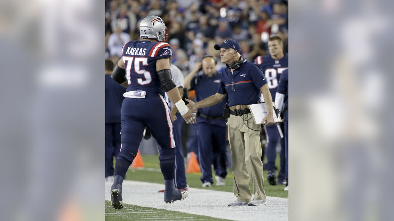 New England Patriots offensive line coach Dante Scarnecchia watches from  the sideline in the second half of an NFL preseason football game against  the Carolina Panthers, Thursday, Aug. 22, 2019, in Foxborough