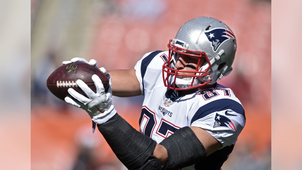 New England Patriots' Rob Gronkowski walks off the field after an NFL  football game against the Cleveland Browns, Sunday, Oct. 9, 2016, in  Cleveland. New England won 33-13. (AP Photo/David Richard Stock